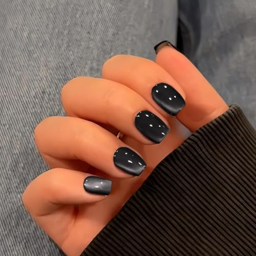 SXVME Glitter Glue on Nails Sparkly Shiny Fake Nail Press on With Design, Black Cat Eye Press on Nails Short Square, Adorable Shiny Ultra-short Coffin Artificial Nails, Women’s Small Fit 30 Pcs
