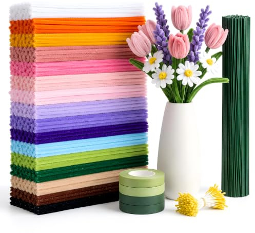 800 Stück Pfeifenreiniger Blumen set, Pfeifenputzer zum Basteln 16 Farben | 50 Blumendraht & Geschenkband für Kreative DIY Blumensträuße für Sonnenblume, Tulpen & Bouquet Bastelzubehör Deko