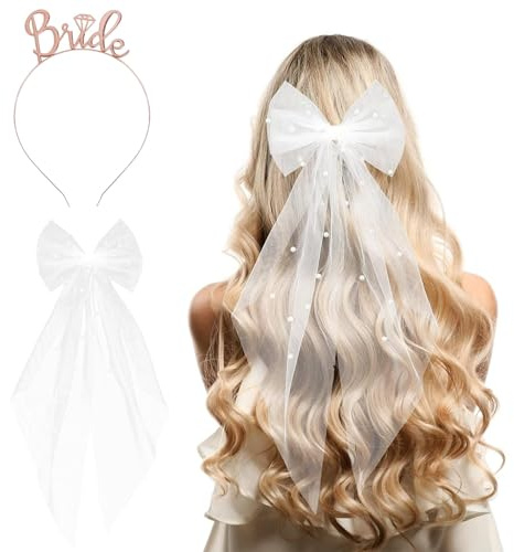 BAUCH Braut Set: Perlen Schleier + Rosegold Bride Haarreif, 1 Set, Weißer Tüll mit Perlen & Metallkranz – ideal für Hochzeit, Verlobung, Junggesellinnenabschied & Brautparty