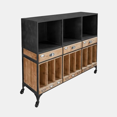 Loberon Sideboard Fenwicke - Industrial-Stil - Rollbar - Trendiger Material- & Farbmix - Kommode - Aufbewahrung - Büromöbel - Tannenholz - Eisen, antikschwarz/braun
