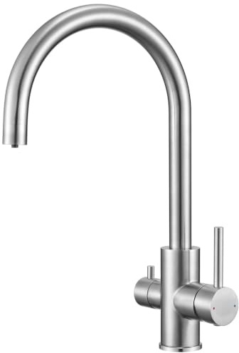 CECIPA Rubinetto Lavello Cucina, Rubinetto Filtro Acqua 3 Vie, 2 Maniglie | Miscelatore Osmosi Cucina per Depuratore, Girevole a 360°, Acqua Calda e Fredda, Acciaio Inox, Spazzolato