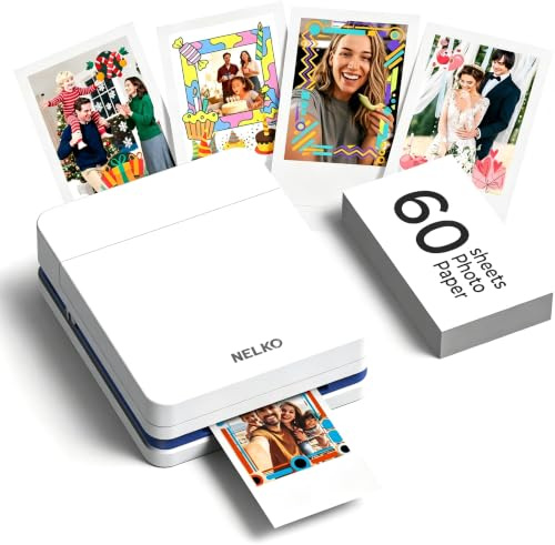 Nelko PP01 2x3 Portable Photo Printer with 60 Sheets, White | Instant Inkjet Mini Printer, Sticky-Back Photos, Bluetooth Smartphone Compatible with iOS/Android, Pocket Size, App Editing