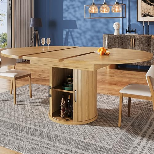 Httcg Runder Esstisch Ausziehbar Kuchentisch für 4-6 Personen, Esszimmertische Tisch mit Schiebetür, Esszimmertisch Tischbeine mit Stauraum, Ausziehbar zu Oval, 118-158x118x76.8 cm, Holzfarbe