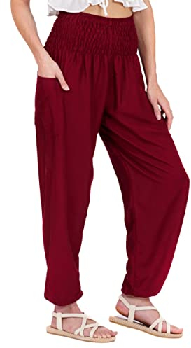 Lofbaz Harem Pants for Women Yoga Boho Hippie Clothing Womens Palazzo Bohemian Pajama Trousers Beach Indian Gypsy Genie Clothes - Solid 1 Burgundy S