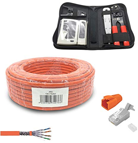 ARLI CAT 7 Verlegekabel 100m Netzwerkkabel CAT.7 + Crimpzange RJ45 Zange + Kabelmesser + 50x Netzwerkstecker Netzwerk Stecker 8 polig Plug LAN Halogenfrei Installationskabel CAT7 Netzwerk 100 m