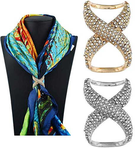 2 Stück (Gold + Silber) Damen Mode Strass eingelegte Schal Ring Schnalle Modern Einfacher Schmuck Seide Schal Verschluss Clips Kleidung Wrap Halter Dekoration Zubehör für T-Shirt Halstuch Schal
