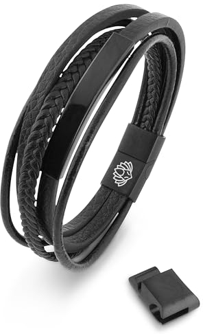 Akitsune The Punisher Synthetisches Lederarmband | Magnetverschluss aus Edelstahl - Geflochtenes Männer Herren Armband inkl. schöner Schmuckschachtel - Schwarz-Schwarz - 21cm