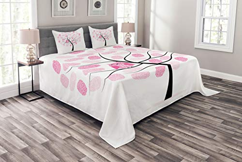 ABAKUHAUS Eulen Tagesdecke Set, Baum mit Fingerabdruck, Set mit Kissenbezügen Mit Digitaldruck, für Doppelbetten 264 x 220 cm, Rosa, Weiß, Dunkelgrau