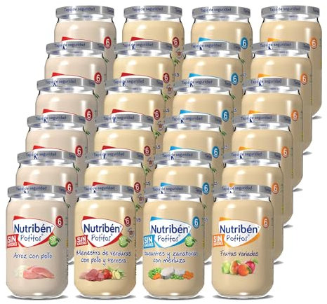 Nutribén Pack de 24 Potitos variados | Arroz con Pollo | Menestra de Verdura con Pollo y Ternera | Guisantes con zanahorias y merluza | Frutas Variadas - Desde los 6 Meses - 24 x 235gr