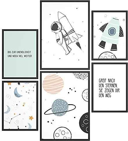 Papierschmiede® Bilder Kinderzimmer Kids Mood Poster Set Astronaut, Kinderzimmer Bilder Babyzimmer Deko, 2x DIN A4 und 4x DIN A5, Planet Rakete Weltraum - Kinderposter ohne Rahmen