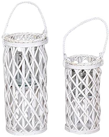 levandeo 2er Set Laterne Windlicht H40cm H31cm Weiß Holz Weiden-Laterne geflochten Glaseinsatz Kerzenhalter Garten Deko