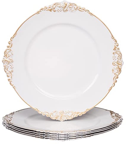 MAONAME White Charger Plates with Gold Rim, Round Antique Plate Chargers for Dinner Plates, 13 Plastic Charger for Wedding Table Setting, Set of 6