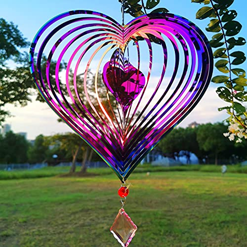 Dinoneyi Windspiel Outdoor Metall 3D Wind Spinner Hängende Hof Garten Dekor Geschenke Edelstahl Herz Muster Spinner mit 360° drehbarem Haken