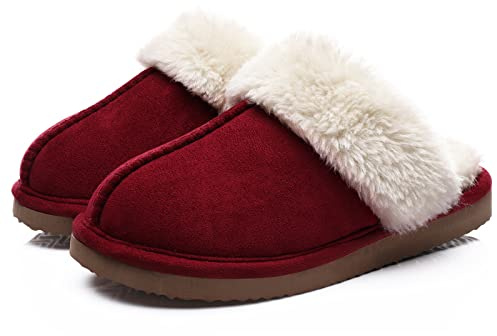 Litfun Women's Fuzzy Memory Foam Slippers Fluffy Winter House Shoes Indoor and Outdoor, Wine 5-5.5