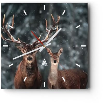 Modern Wanduhr Hirsch Rentier REH 30x30cm Quadrat Klein Wand Uhr Glas Analog Zimmeruhren Küche Büro Wohnzimmer Glasuhr Wall Clock Dekoration Design Wanddekoration Küchenuhr C3AC30x30-5060