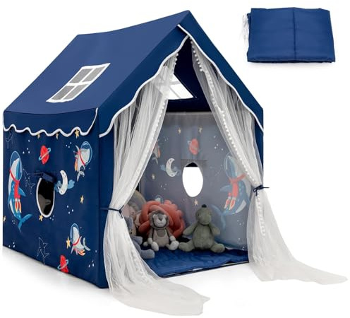 COSTWAY Kinderzelt, Spielhaus Kinder Indoor mit Matte & Vorhang, Spielzelt Kinderspielhaus für Jungen und Mädchen (Blau)