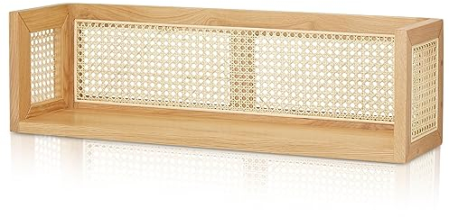 KHG Wandregal Holz Rattan Wiener Geflecht, Eiche Natur Beige, Schweberegal Regalbrett freischwebend Boho, 75x20x22 cm, Wandboard kastenförmig Massivholz furniert Dekoregal