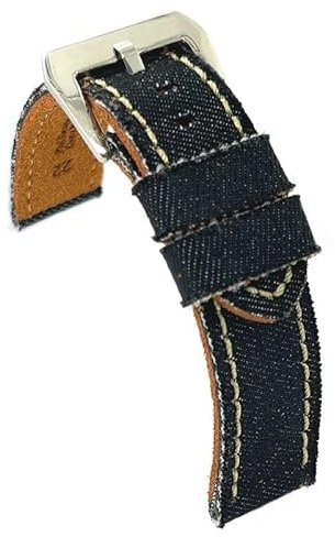 diloy Textil Uhrenarmband Jeans Denim ausgefranst Lederfutter flach sportlich – Größen 18mm 20mm 22mm 24mm 390 Schwarz 22mm