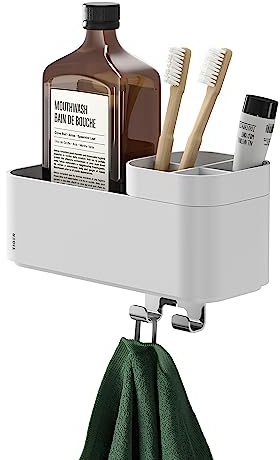 Tiger 2-Store Badezimmerablage mit integriertem Zahnbürstenhalter und Haken, Badregal für Dusche und Waschtisch zur Aufbewahrung von Badutensilien, Farbe: Weiß