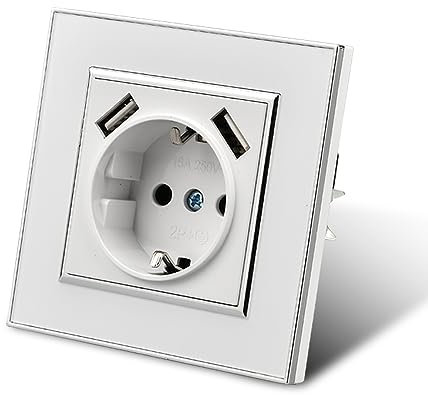 Interruptor mecánico de luz, Interruptor de pared de 1 vía y 1 gancho de 10 A, Interruptor de luz de pared de 86 mm (Steckdose 2 USB, BLANCO)
