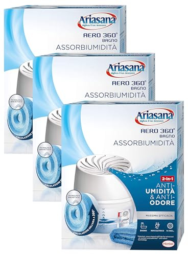 Ariasana Aero 360° Bagno Kit Assorbiumidità, deumidificatore casa non elettrico, assorbi umidità contro condensa, muffa e cattivi odori, 1 dispositivo e 1 ricarica in Tab da 450g (Confezione da 3)
