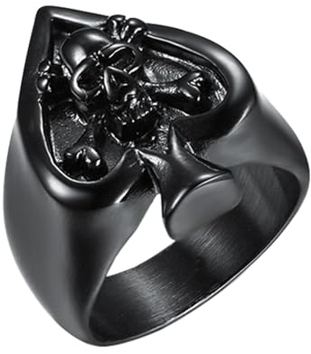 OIDEA Herren Ring Pik-Ass Totenkopf: Schwarz Poker Herz Biker Ring aus Edelstahl Gothic Skull Siegelring Bandring Geschenk für Männer Junge Größe 71 (22.6)