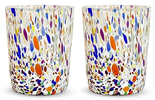 Gocce di Murano 2 vasos de agua elaborados según la tradición de los artesanos de Murano, vaso soplado y hecho a mano 300 ml – Vasos de agua de cristal arcoíris lluvia