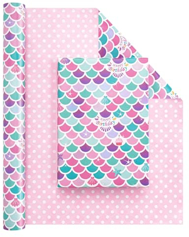 WERNNSAI Meerjungfrau Geschenkpapier – 1 Rolle 43 cm x 10 m wendbare Geburtstags Geschenkpapierrolle Junbo Rolle Meerjungfrau Geburtstagsgeschenkpapier mermaid wrapping paper single roll