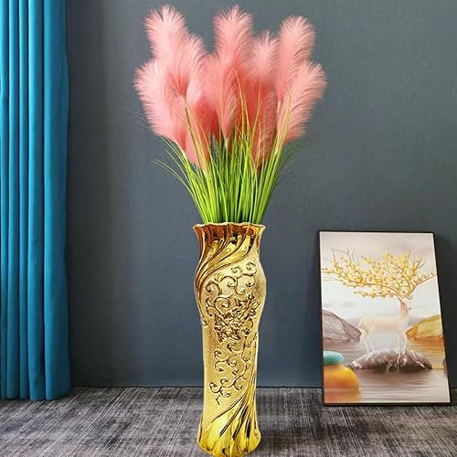 Extra Large Floor Vase, 19 Inches Tall Ceramic Decorative Vase, Handmade Gold Floor Vase for Living Room Office Decor (BU48)