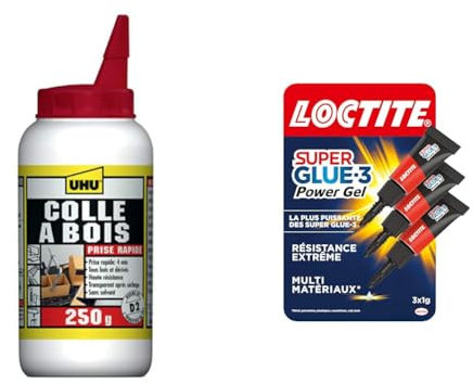 UHU Colle à bois express - Plus forte que le bois, résistante à l'humidité, D2, sans solvants & Loctite Super Glue-3 Power Gel Mini Dose, colle forte enrichie en caoutchouc, mini-dose de colle gel