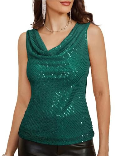 Damen Mode Fashion Rückenfrei Tunika-Oberteil Party Night Disco Ärmelloses Spaghettiträger Sequin Tank Top Grün XL