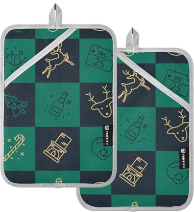 Topflappen, hitzebeständig, Weihnachtsmotiv, Grün und Gold, kariert, Topflappen mit Taschen, 2 Stück