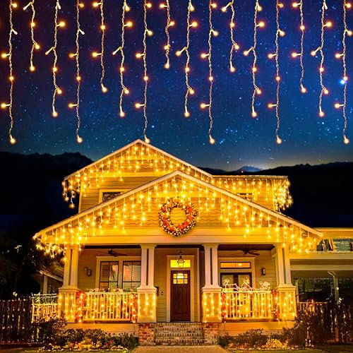 EcoNour Icicle Lights Outdoor Christmas Lights 500 LED 17M Warm White Decorations String Fairy Lights with Timer for Xmas Garden & Party | Mains Powered Clear Cable