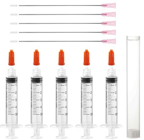 5PCS 5ml Syringe Set with Blunt Needles and Caps,Plastic Luer Lock Syringes with 18Ga 117mm(4.6'') Long Dispensing Blunt Needle for DIY,Glue,Industrial,Ink,Lab,Oil,Liquid,Pet Feeding