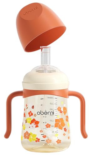 Oberni Trinklernbecher Auslaufsicherer, Trinklernflasche für Kleinkind ab 6 Monaten, Gewichtet Strohhalm, Rutschfester Griffen, Spülmaschinengeeignet, BPA frei PPSU, 240ml, Orange, 1Stück