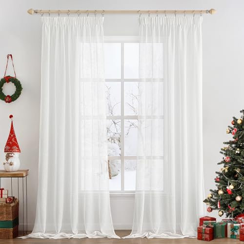 MIULEE 2er Set Voile Vorhang Sheer Vorhang mit kräuselband Transparente Leinenoptik Gardinen Wohnzimmer Modern Fensterschal Schlafzimmer 140x300cm (B x H) Weiß