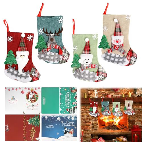 PRZRAO 4 Stück Weihnachtsstrumpf 22 x 16 cm Nikolausstrumpf Kinder mit 4 Weihnachtskarte Nikolaus Socken Wiederverwendbar Weihnachtssocken Kamin Klein Nikolausstiefel für Weihnachtsbaum