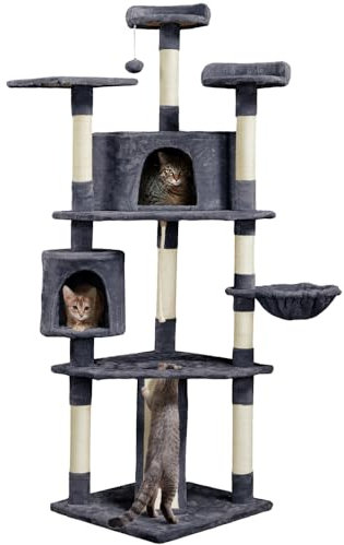 Yaheetech 200cm Cat Tree, Large Play Tower w/Sisal Scratching Posts & Ramp, Climbing House for Multiple Cats Indoor, Large Activity Center with Condos&Dangling Ball, Dark Gray
