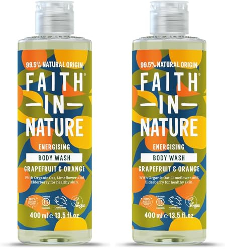 Faith In Nature Natural Grapefruit and Orange Body Wash, Energising Shower Gel, Vegan and Cruelty Free, No SLS or Parabens, 400 ml (Pack of 2)