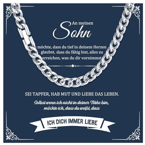 XUANPAI Sohn Geschenke Halskette Herren Silber - An meinen Sohn Kette Kubanische Edelstahl Ketten Hip-Hop Halskette für Männer Jungs Geburtstag Geschenk für Sohn 6mm(Sohn, 60cm-6MM)