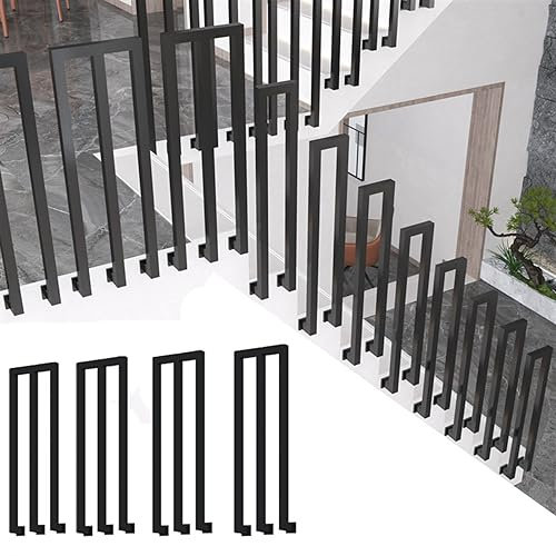 Outdoor Schmiedeeisen Geländerschiene Treppe Eckig Seitenmontierte Leitplanke für Gartenhäuser und Balkon Schwarz 4 Stück