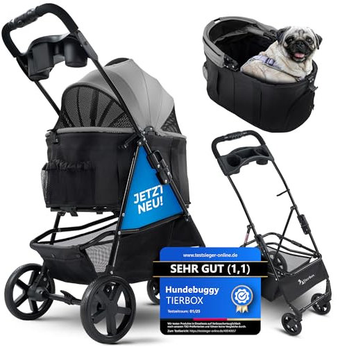 Tierbox Hundebuggy Hundewagen klappbar mit QuikFold, einfacher Transport, Traglast bis 15 kg - Grau