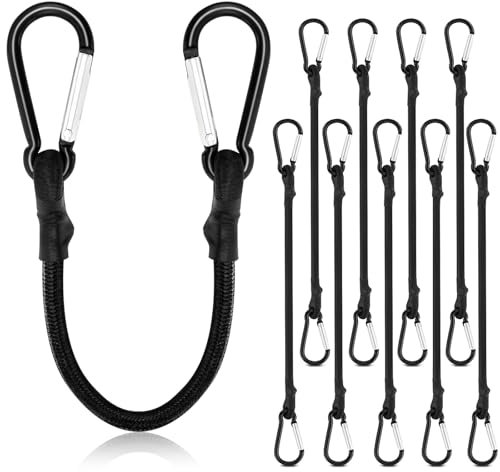 10 PCS Bungee Cords with Carabiner Clips, Heavy Duty Bungee Straps 30 cm Black Bundy Cord with Hooks for Camping, Tarps, Bike Rack, Tent