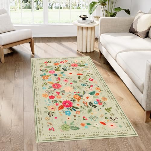 Homcomodar Teppich Wohnzimmer 80x150cm Grün Floral Kurzflor Teppich Schlafzimmer Waschbarer Vintage Blumen Teppiche Kinderzimmer für Wohnzimmer