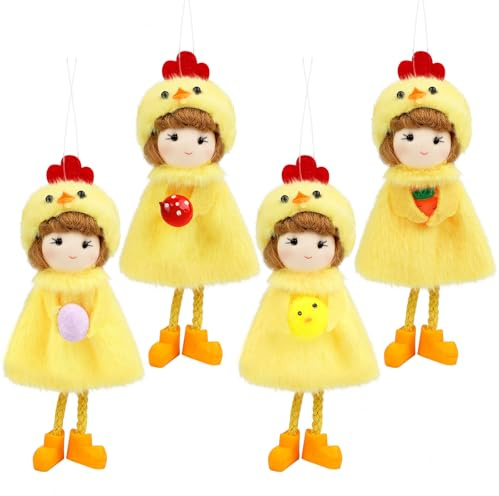 Fangoo 4Stück Osterdeko Plüsch Küken Hühner Ornamente Frühling Baum Hängende Ornamente Handmade Küken Puppe Ornamente Tragen Gelbe Küken mit Eiern Karotten Pilze für Heimdekoration Partyzubehör