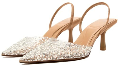 CRETUAO Women's Clear Slingback Heels,Sexy Pointed Toe Kitten Mid Heels Sandals,with Pearl Studded Rhinestones Wedding Dressy Party Pumps Shoes,Apricot 1,5 UK