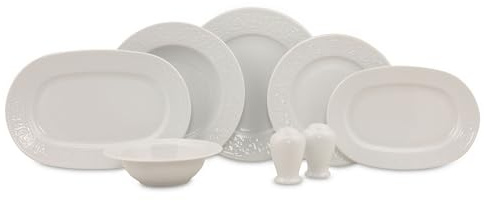 Elegantes 53-teiliges Geschirrset, 100% Porzellan, Weiß | Enthält Teller, Schüsseln, Platten und Streuer | Spülmaschinen- und mikrowellengeeignet | Perfekt für jeden Anlass