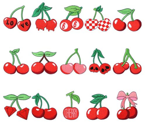 15pcs Cherry Iron on Patches, Aesthetic Red Cherry Embroidery Patches Cute Fruit Sew On Repair Applique with Bow Plaid Diamond Style DIY Accessories for Women Girls Clothes Hat Backpack