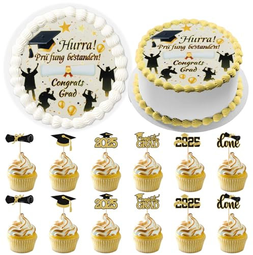 2025 Abschluss Tortendeko,12 Stück Glitzer 2025 Graduation Cupcake Toppers,mit 1 Stück Essbare Tortenaufleger,Abschluss Deko,Bachelor Hut Deko für Abschlussparty,Graduation Cake Decorations