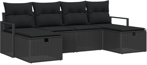 vidaXL Garten-Sofa-Set mit Kissen 6 pcs Schwarz Poly Rattan, Garten- und Terrassenmöbel, modern, rechteckig, höhenverstellbar, wetterfest, modulare Sofagarnitur